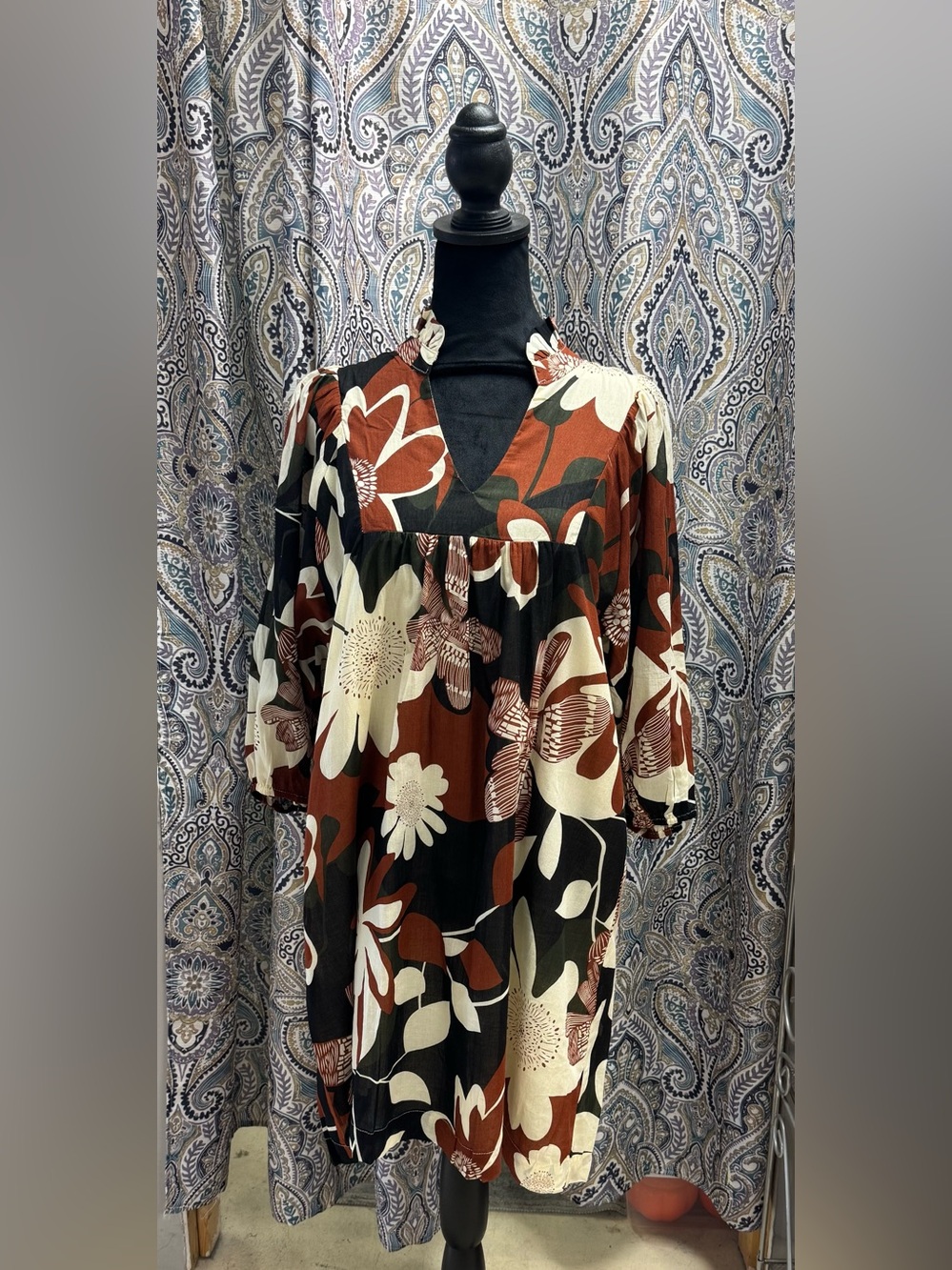 Umgee Women's Floral V-Neck Tunic Dress - Rust Black Cream